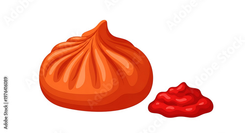 A vector graphic illustration of a dumpling with a side of ketchup on a white background