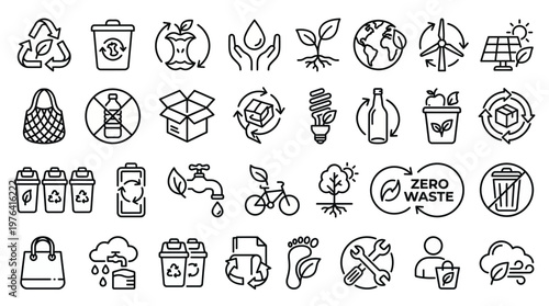 Zero waste lifestyle icons set for eco friendly living concepts