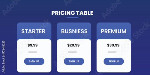Pricing table with starter business and premium plans on blue background  comparison of subscription costs and features