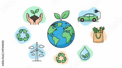 Eco friendly icons around the earth with green leaves symbolising sustainability and environmental conservation with recycling Eco friendly transportation and renewable energy