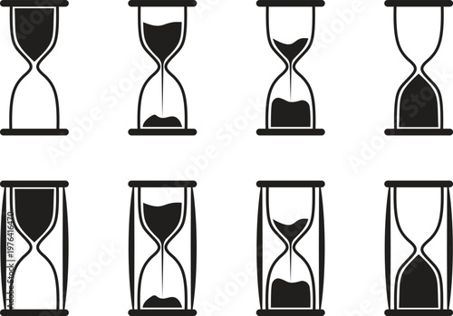 Hourglass sand timer vector icon set. Ancient clock instruments for time management and deadline measurement isolated on transparent background. Traditional sandglass design elements for countdown.