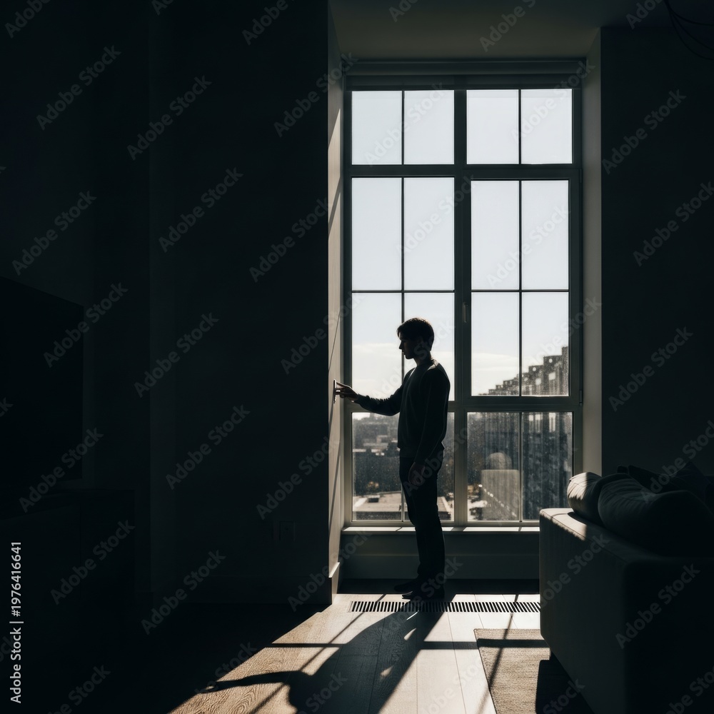 Fototapeta premium Silhouette of businessman standing by large window in modern office
