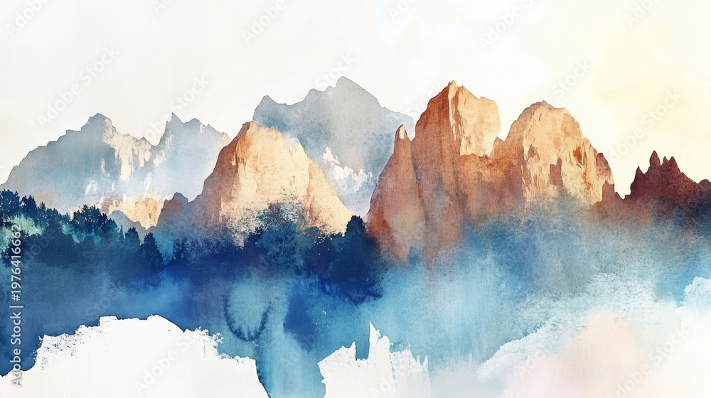 Fototapeta premium Majestic mountain landscape captured in vibrant watercolors during the golden hour, showcasing nature's breathtaking beauty