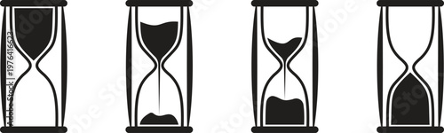Hourglass sand timer vector icon set. Ancient clock instruments for time management and deadline measurement isolated on transparent background. Traditional sandglass design elements for countdown.