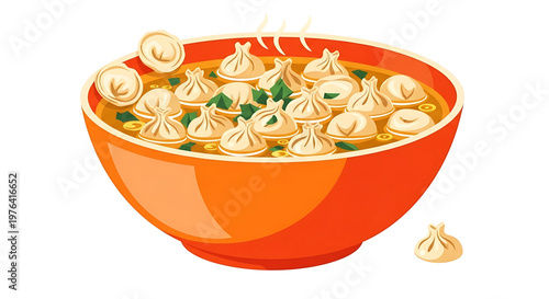 A vibrant orange bowl filled with steaming dumplings and vegetables in a savory broth