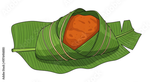A vector graphic illustration of a traditional food wrapped in banana leaves