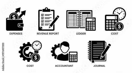 Accounting and finance icons including expenses ledger cost accountant and journal for business and financial concepts