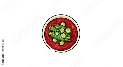 A vibrant illustration of okra in a bowl of red sauce, perfect for culinary designs