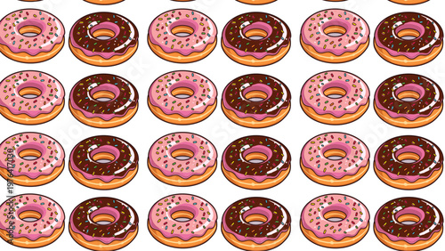 Seamless pattern of delicious chocolate and strawberry glazed donuts with colorful sprinkles on white background for bakery cafe