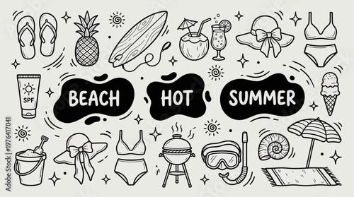 Summer beach icons with flip flops pineapple surfboard sunglasses and tropical symbols on gray background