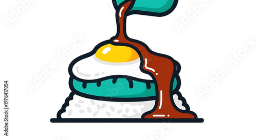 A cartoon illustration of a burger with a fried egg and sauce being poured over it
