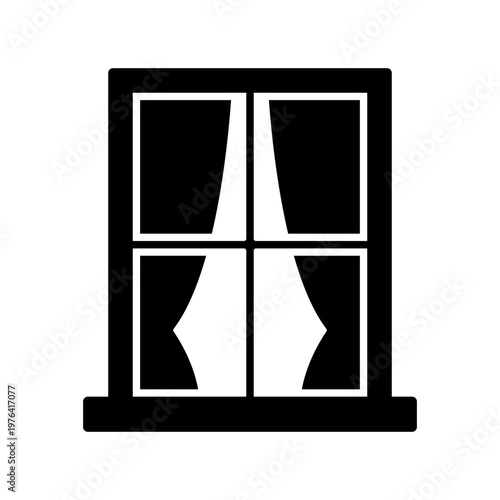 Window with curtains icon. Black silhouette. Front view. Vector simple flat graphic illustration. Isolated object on a white background.