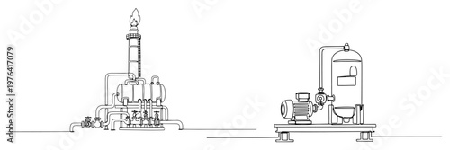 Minimalist one line drawing of oil refinery plant infrastructure with flare stack and industrial storage tanks