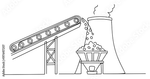 Continuous line drawing of conveyor belt system transporting coal into a power plant cooling tower