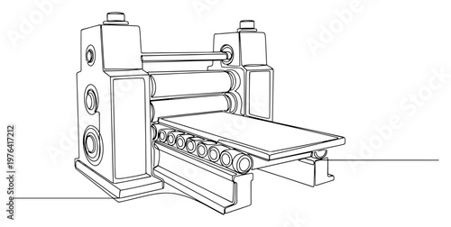 Continuous line art illustration of a heavy industrial rolling mill machine processing a flat metal sheet