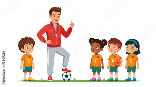 Soccer coach teaching kids teamwork and skills on green field with ball