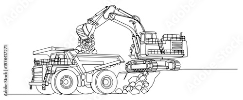 One line drawing of a heavy excavator loading rocks into a mining dump truck at a construction site