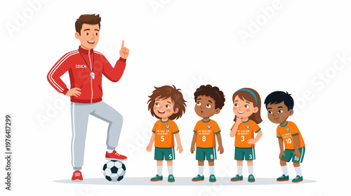 Soccer coach teaching kids teamwork and strategy on field with ball