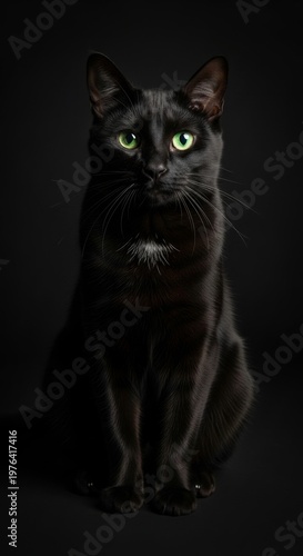 Majestic black cat with green eyes sitting against dark background