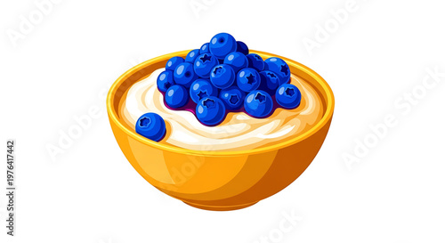 A vibrant vector illustration of a yellow bowl filled with creamy yogurt and topped with fresh blueberries