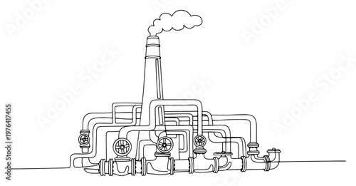 Industrial refinery plant with complex network of pipes and smoking chimney continuous line art