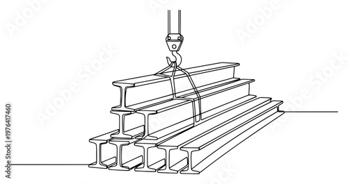 Stack of steel I-beams lifted by industrial crane hook one line drawing