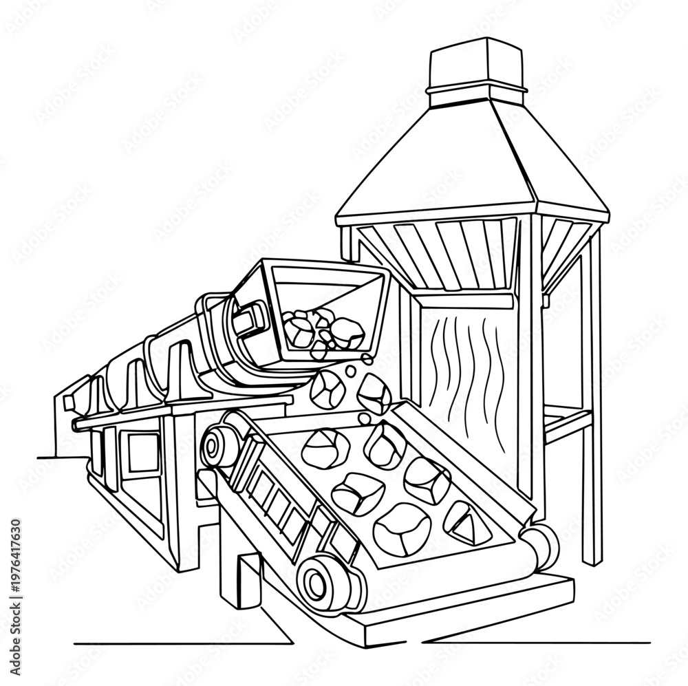 Fototapeta premium Industrial stone crushing plant with conveyor belt and hopper in continuous line drawing style