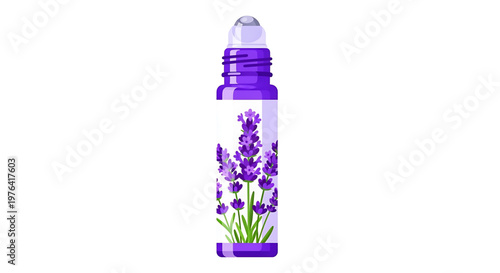 A vector graphic illustration of a purple essential oil roller bottle with lavender flowers on a white background