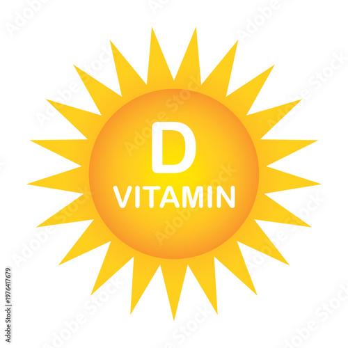 Vitamin D Sun Icon with Calciferol, Yellow Solar Rays Symbol for Health, Nutrition, and Immune System Support, Modern Wellness Vector Illustration Isolated on White Background for Medical Graphics