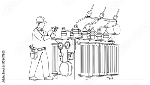 Continuous line drawing of an electrical engineer repairing a large industrial power transformer with a wrench