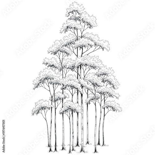 Detailed Tree Trunk Studies and Mature Forest Sketches, Hand Drawn Collection of Old Growth Trees with Realistic Bark Textures, Knots, and Hollows Vector Illustration