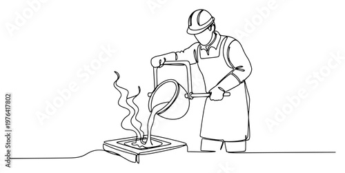 Continuous line art of a foundry worker pouring molten liquid metal into a square mold