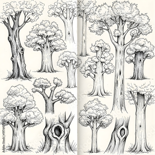 Detailed Tree Trunk Studies and Mature Forest Sketches, Hand Drawn Collection of Old Growth Trees with Realistic Bark Textures, Knots, and Hollows Vector Illustration