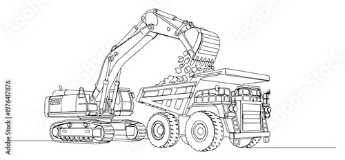 Heavy excavator machine loading rocks into a mining dump truck at a construction site one line drawing