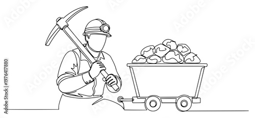Continuous line drawing of a coal miner holding a pickaxe next to a loaded ore cart