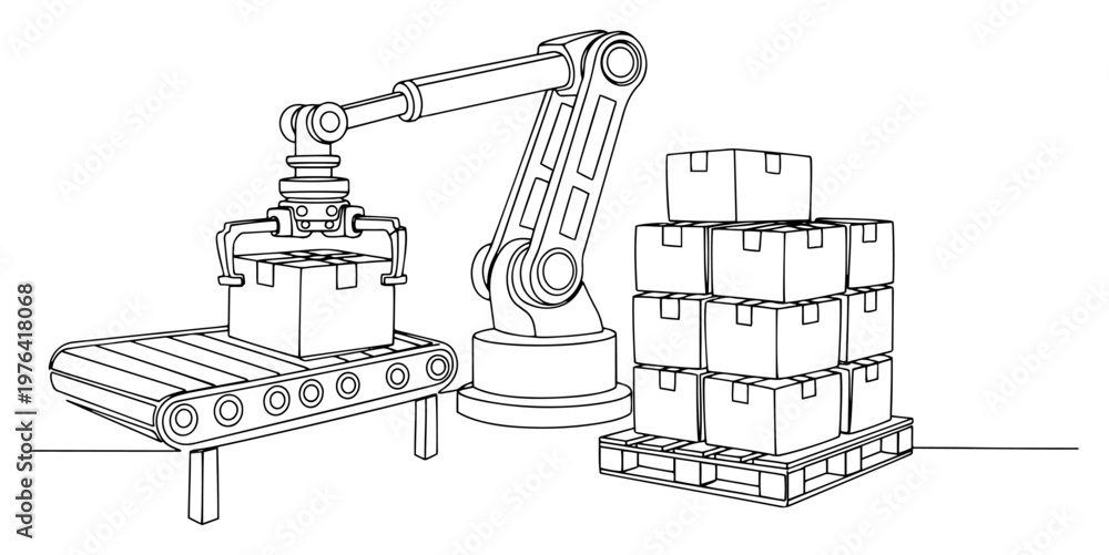 Obraz premium Minimalist one line drawing of a robotic arm palletizing boxes in an automated warehouse