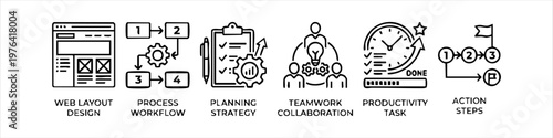 Set of Business Management and Project Workflow Line Icons including Web Layout Design, Process Workflow, Planning Strategy, Teamwork Collaboration, Productivity Task and Action Steps