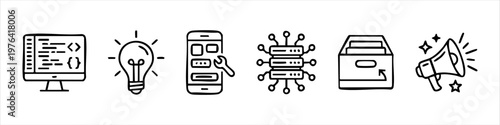 Hand-drawn technology and business icons set including coding, idea lightbulb, mobile app development, server network, data archive, and megaphone for marketing.