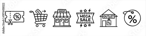 Set of Hand-Drawn Shopping and Sale Icons Including Discount Coupon, Shopping Cart, Storefront, Mega Sale Banner, Outlet Store, and Percentage Price Tag