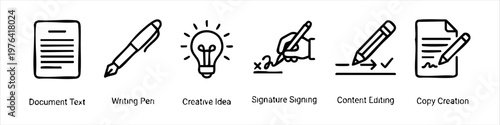 Set of Hand-Drawn Writing and Creative Concept Icons including Document, Pen, Lightbulb Idea, Signature, Editing, and Copywriting Doodle Illustrations