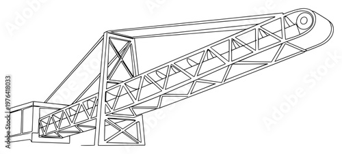Continuous line drawing of a heavy industrial lattice boom crane for construction projects