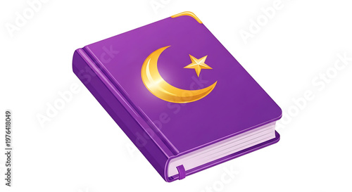 A purple book with a gold crescent moon and star on the cover is a beautiful Islamic symbol