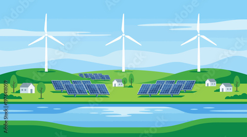 Renewable energy farm with solar panels and wind turbines on green hills by a serene lake under a blue sky