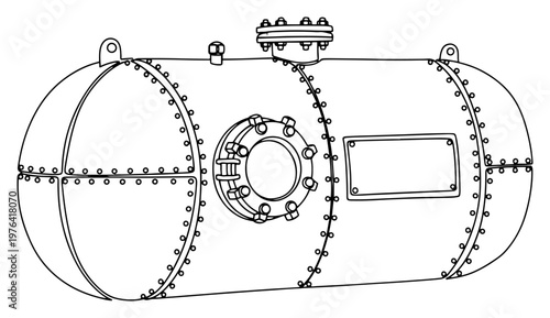 Single line art illustration of a large industrial horizontal storage tank or pressure vessel