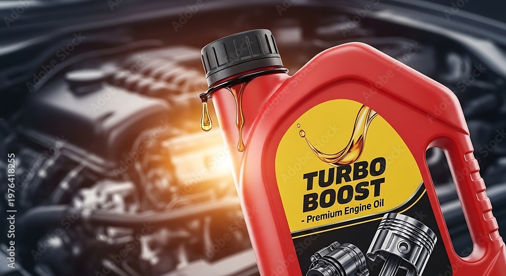 Obraz premium Red premium engine oil bottle dripping golden oil with a blurred car engine.