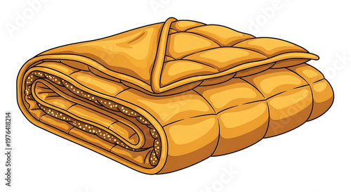 A vector graphic illustration of a folded yellow comforter on a white background