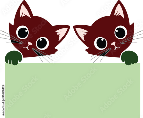 Two cute brown kitten characters peeking over a blank green sign board with copy space for text on white background