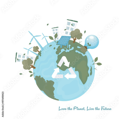 A symbolic eco‑friendly illustration of Earth surrounded by renewable energy and sustainability elements. 