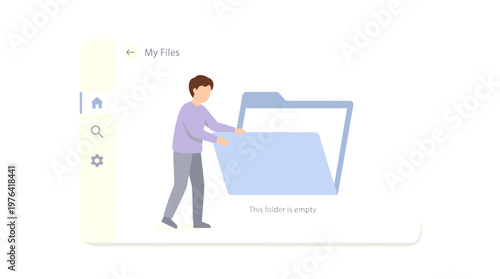 An individual reviewing the contents of an empty digital folder, representing a clean slate or the absence of stored information in a minimalist interface