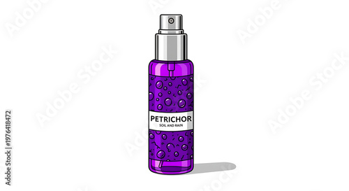 A vector graphic illustration of a purple spray bottle with a silver cap and label